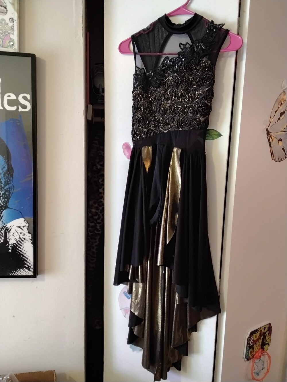 Costume Gallery Girl's Size Large Black & Gold Floral Applique Dance Dress